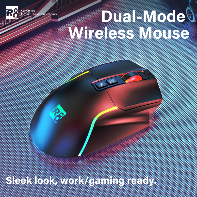 The R8 luminescent tri-mode mouse features an ergonomic RGB luminescent design for gaming