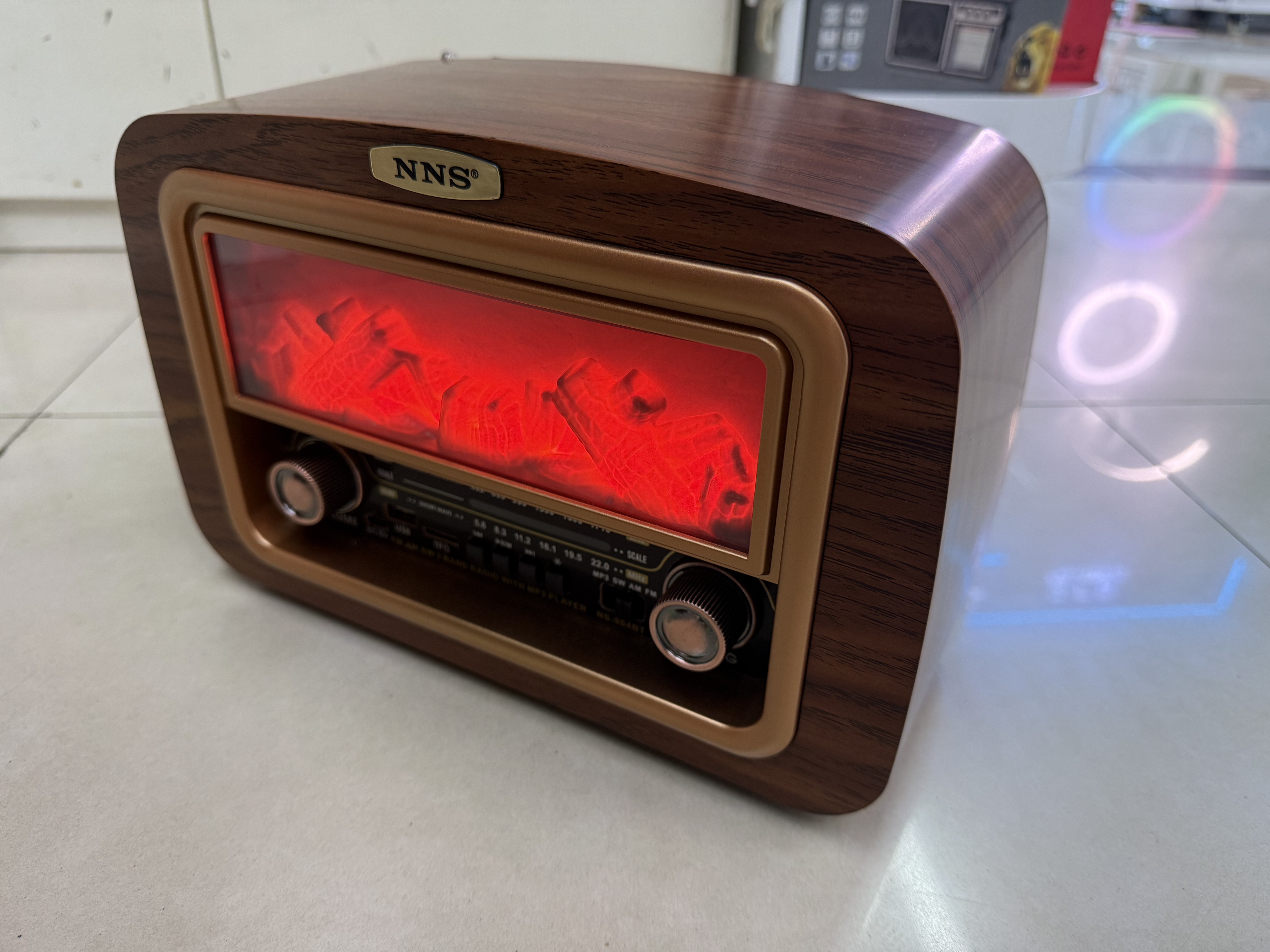 NS-904BT new retro radio Bluetooth speaker, wood grain stove shape, charcoal fire shape, light band, multi-functional desktop decoration, USB music, TF card for playing music, suitable for gifting to the elderly Specification image