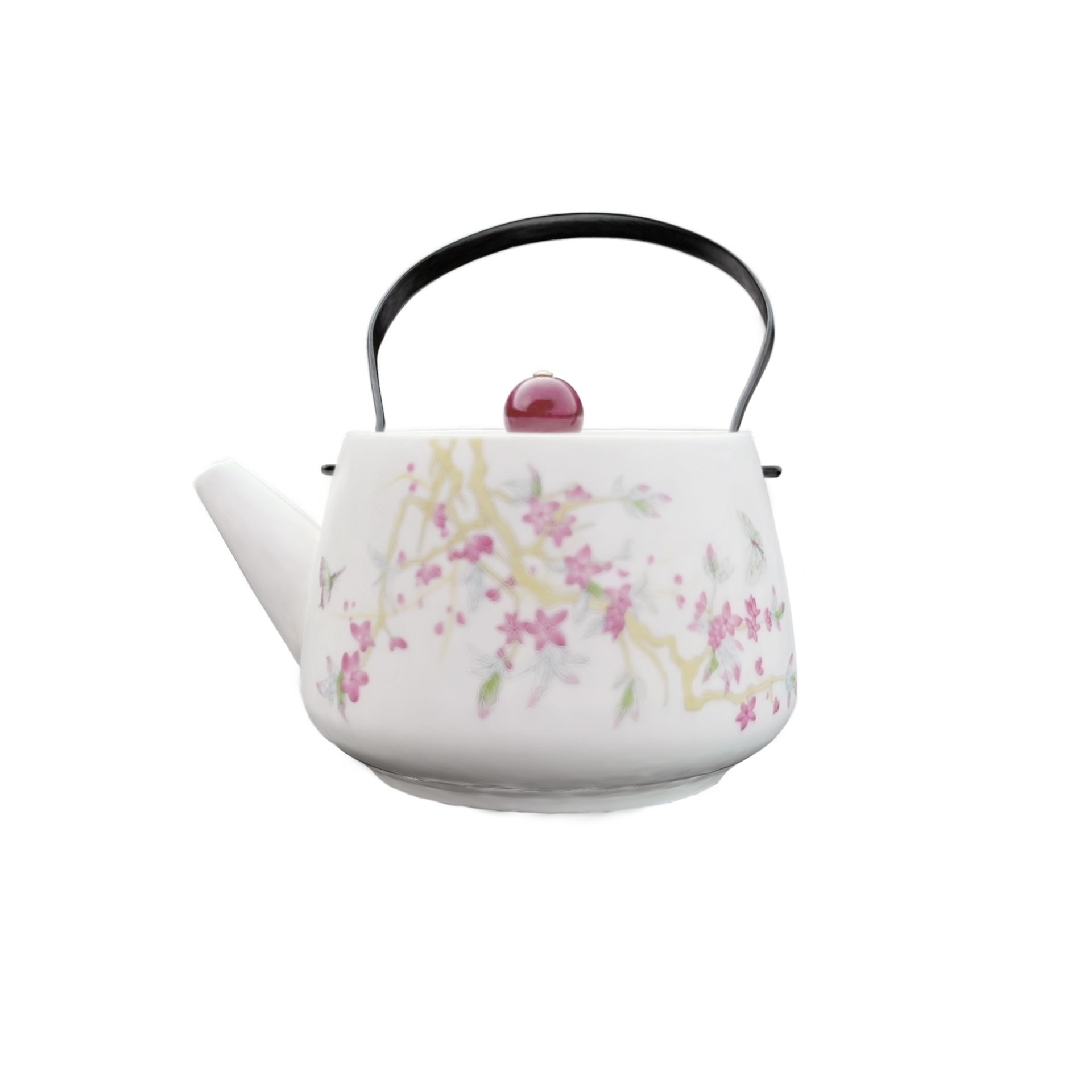 【商品3D项目用——请勿删】白色瓷质樱花黄枝茶壶配黑色提手红色圆珠