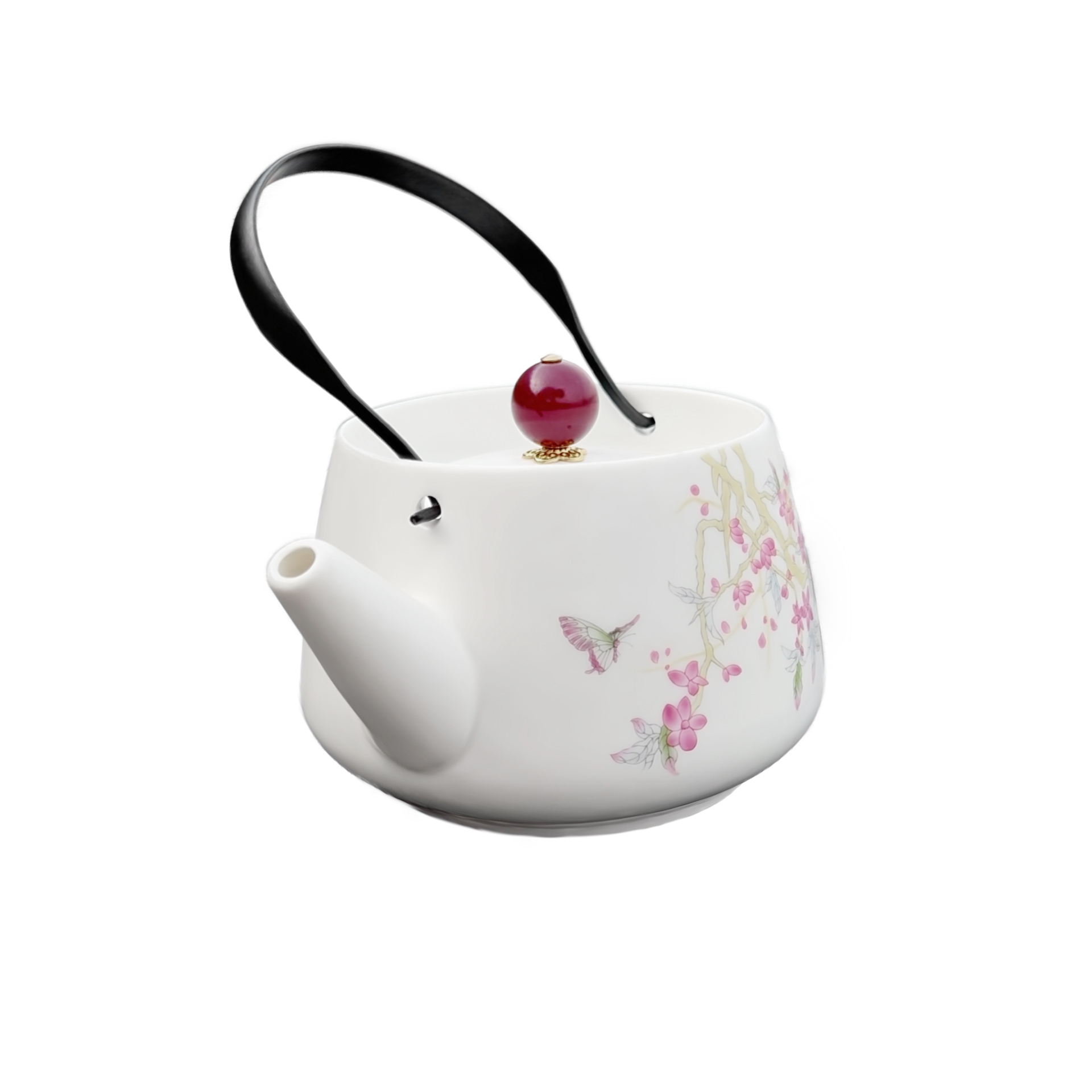 【 Product 3D Project Use - Please Do not delete 】 White porcelain cherry blossom yellow branch teapot with black handle and red round beads Application Scenario