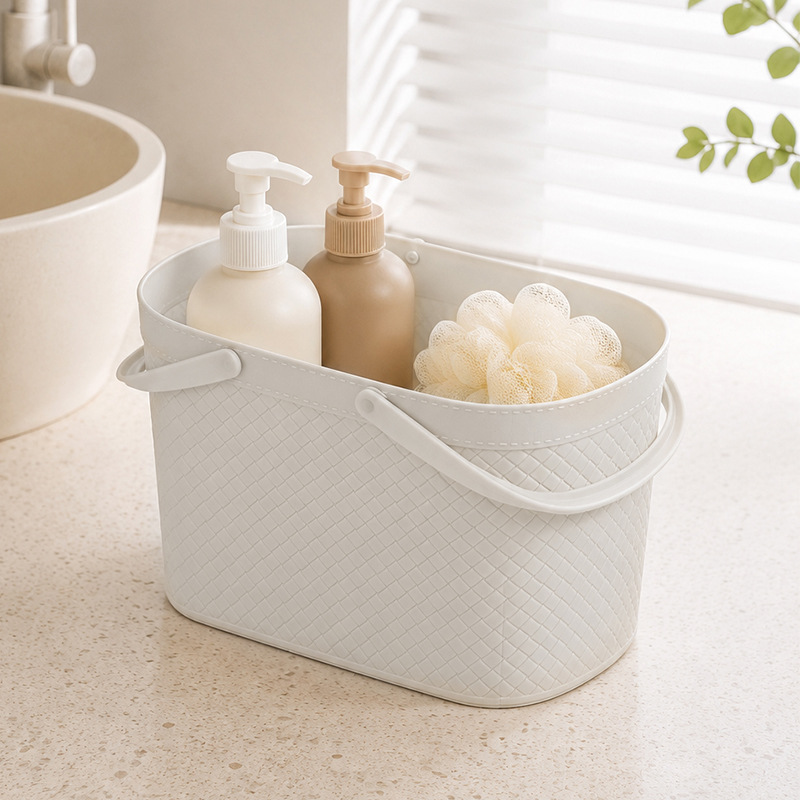 W56-TB-2116 imitación cuero patrón baño cesta de almacenamiento de mano para picnic cesta de cocina cesta de plástico