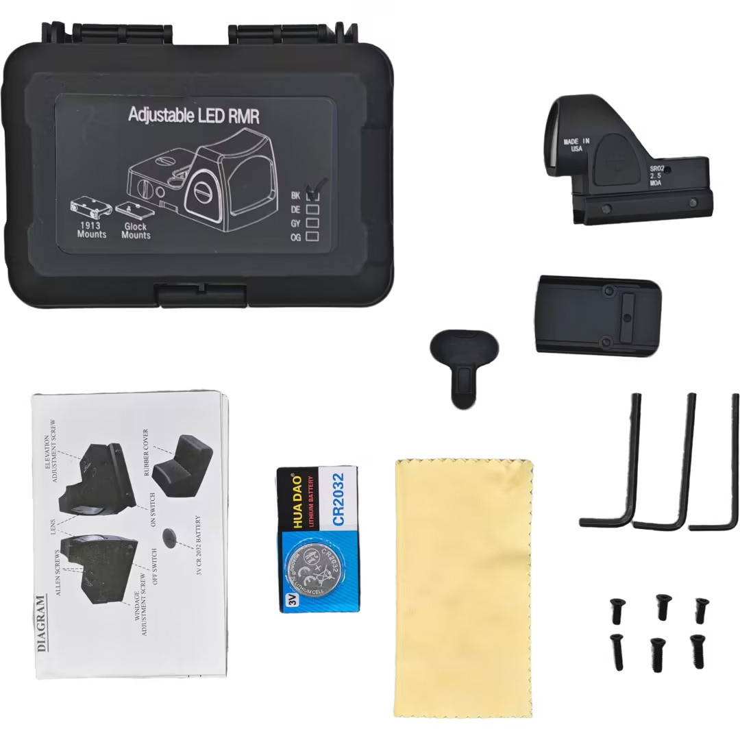 RMR black red dot Sight metal shock-resistant reflective red dot sight with battery, wrench, lens cleaning cloth, storage box and complete set of accessories Item Picture