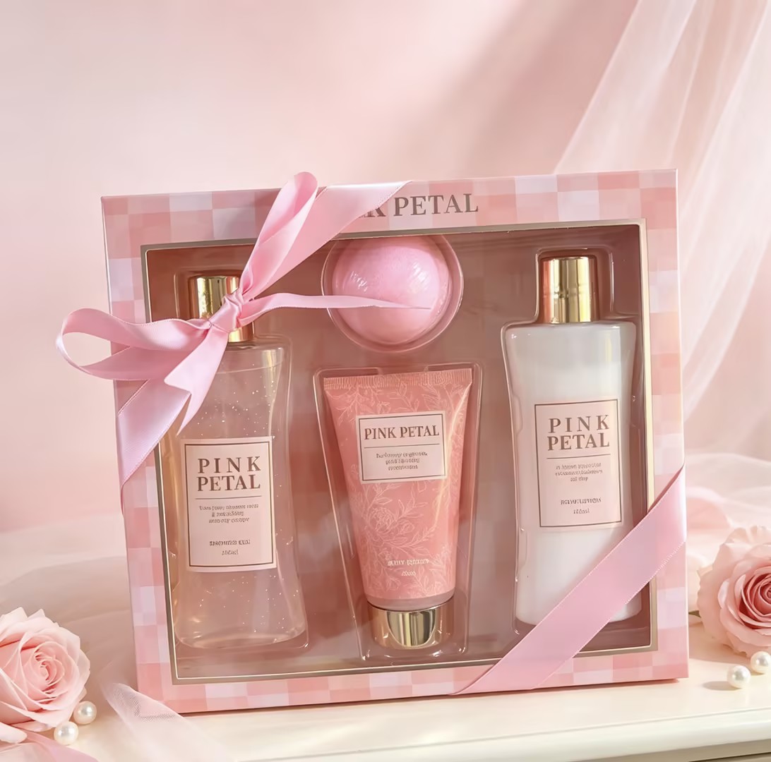 Pink checkered souvenir hair care set, bow ribbon body care gift box, 4-piece set