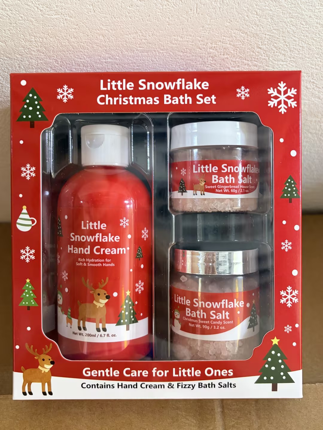Christmas Cartoon Deer Snowman Holiday Bath Set 200ml Hand Cream + 60g Gingerbread Scented Bath Salt + 90g Candy Scented Bath Salt
