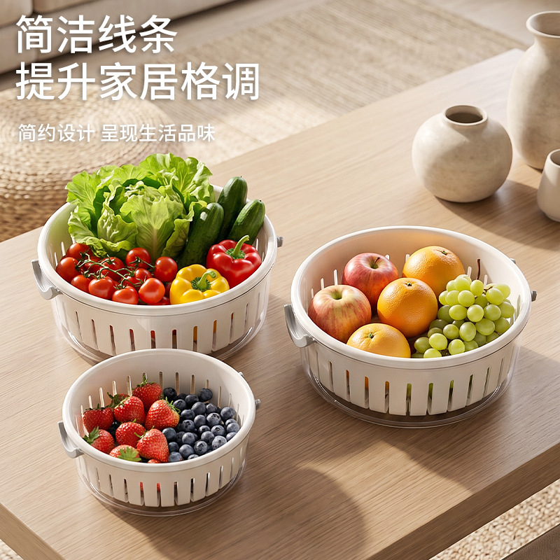 T54-F-9403 Household kitchen double-layer solid-color draining basket, multi-functional fruit and vegetable washing basin, hollow basket details Picture