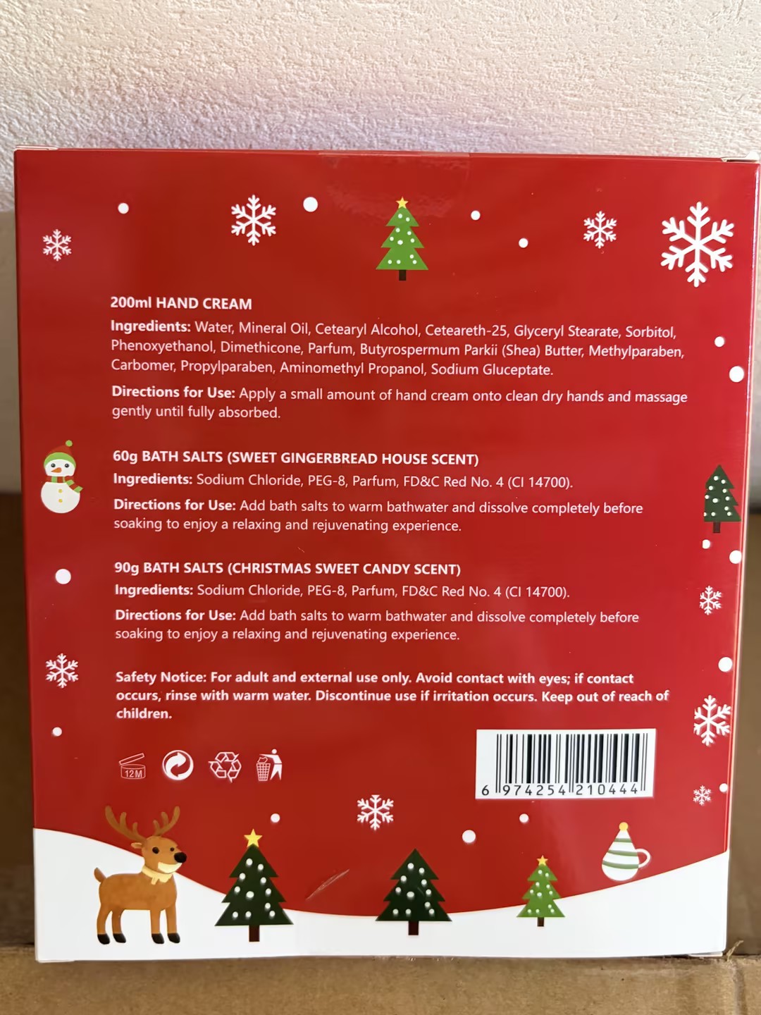 Christmas Cartoon Deer Snowman Holiday Bath Set 200ml Hand Cream + 60g Gingerbread Scented Bath Salt + 90g Candy Scented Bath Salt Specification image