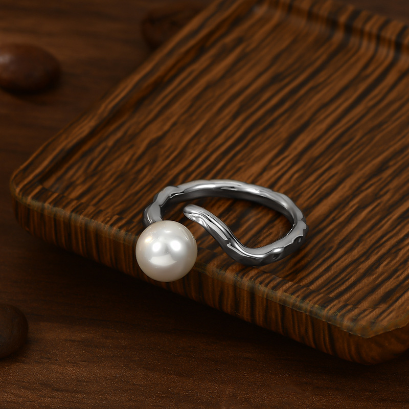 Irregular vine design gold ring, single white round bead open style ring Item Picture