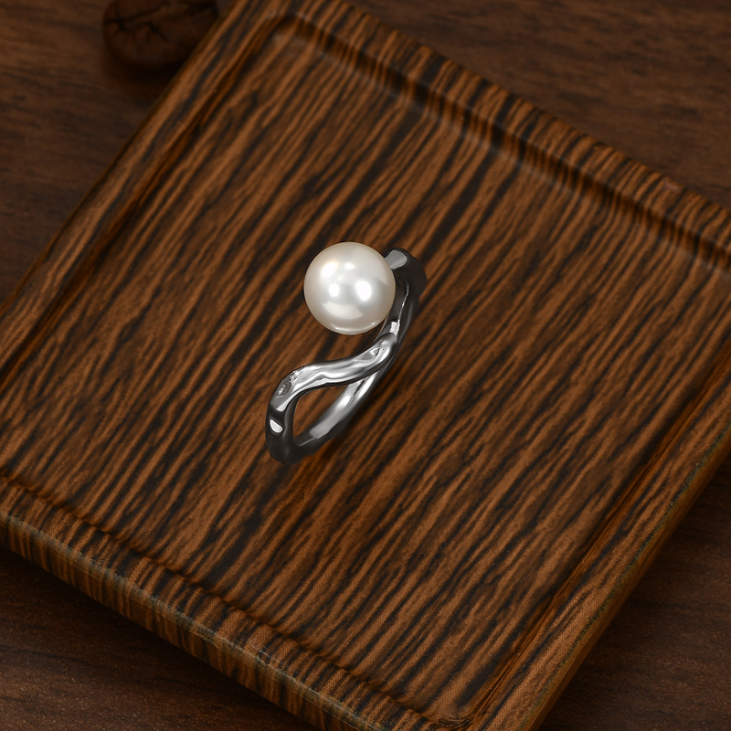 Irregular vine design gold ring, single white round bead open style ring Specification image
