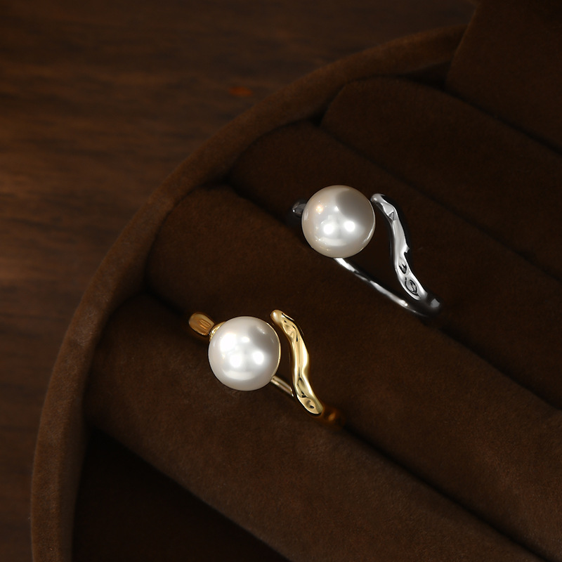 Irregular vine design gold ring, single white round bead open style ring