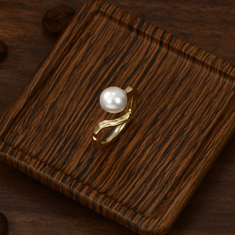 Irregular vine design gold ring, single white round bead open style ring details Picture