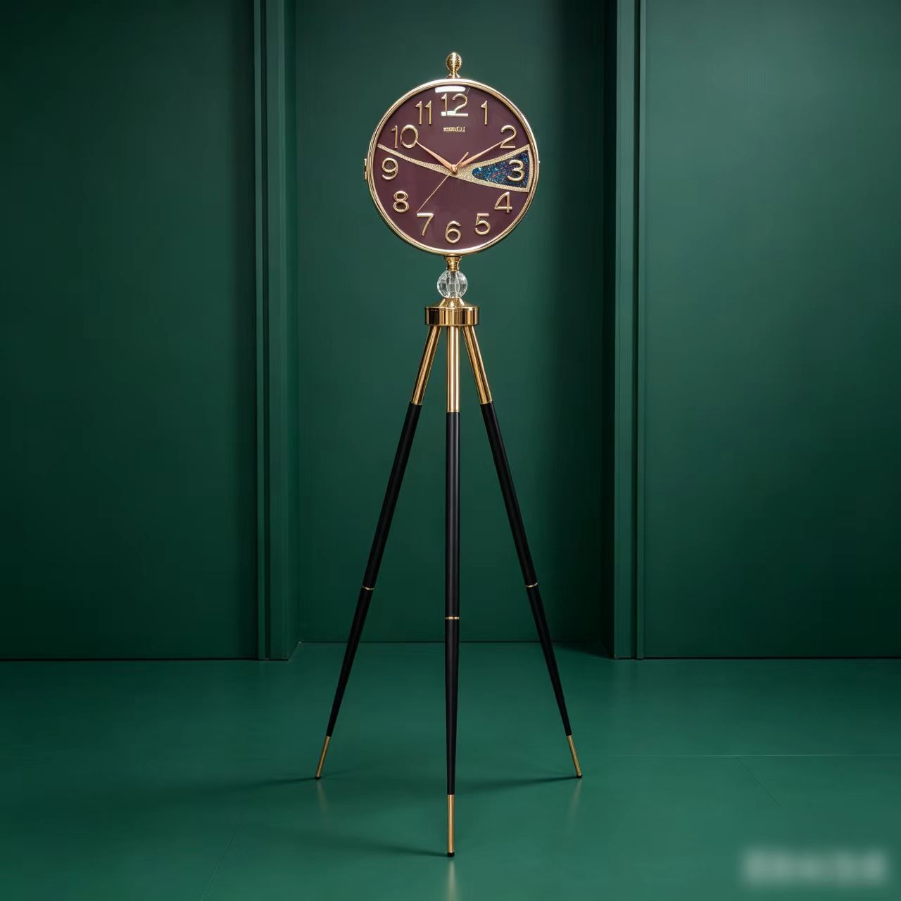 柿子文创欧式实木落地挂钟星星人设计金色边框紫红表盘时尚装饰家居用品