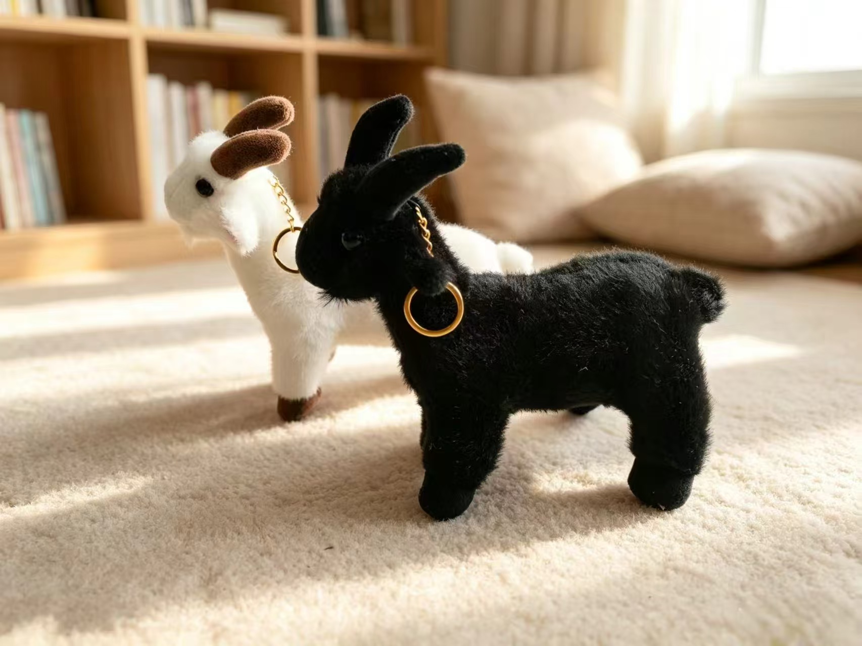 Black and white plush goat doll