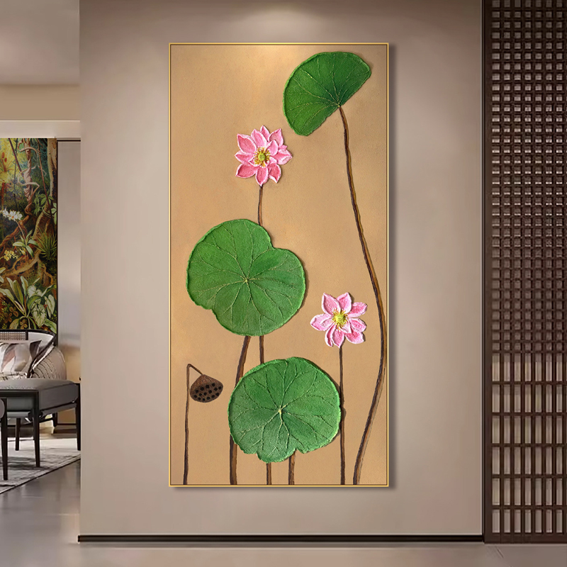 Hand-painted sandstone oil painting, with green leaves and lotus flowers in Southeast Asian style as the subject Application Scenario