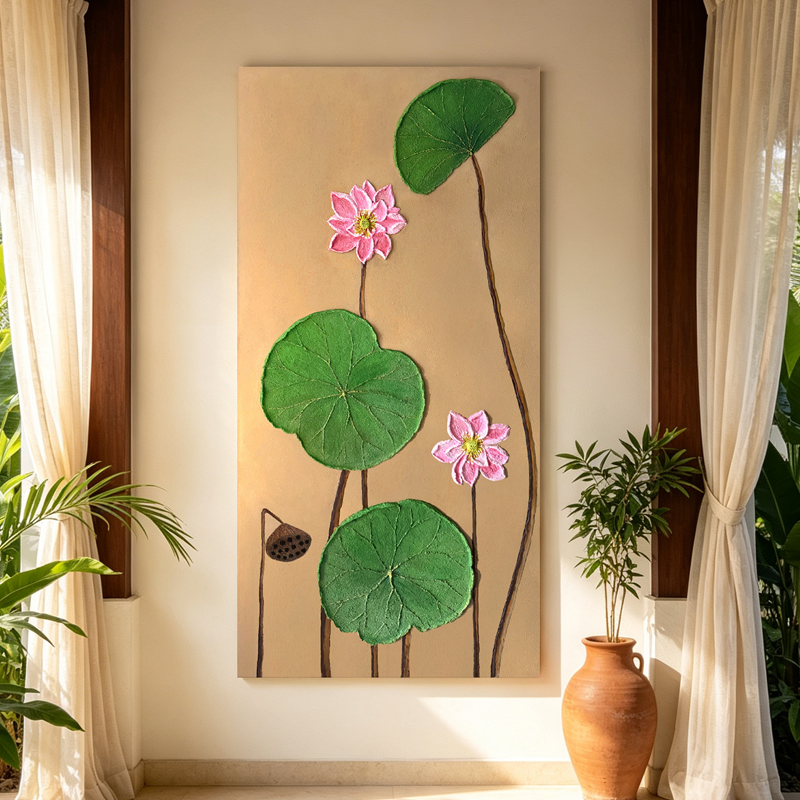 Hand-painted sandstone oil painting, with green leaves and lotus flowers in Southeast Asian style as the subject Specification image