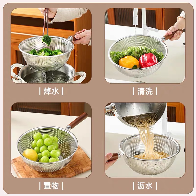 Food-grade 304 stainless steel solid wood handle anti-scald draining scoop, household kitchen draining scoop for noodles and dumplings Specification image
