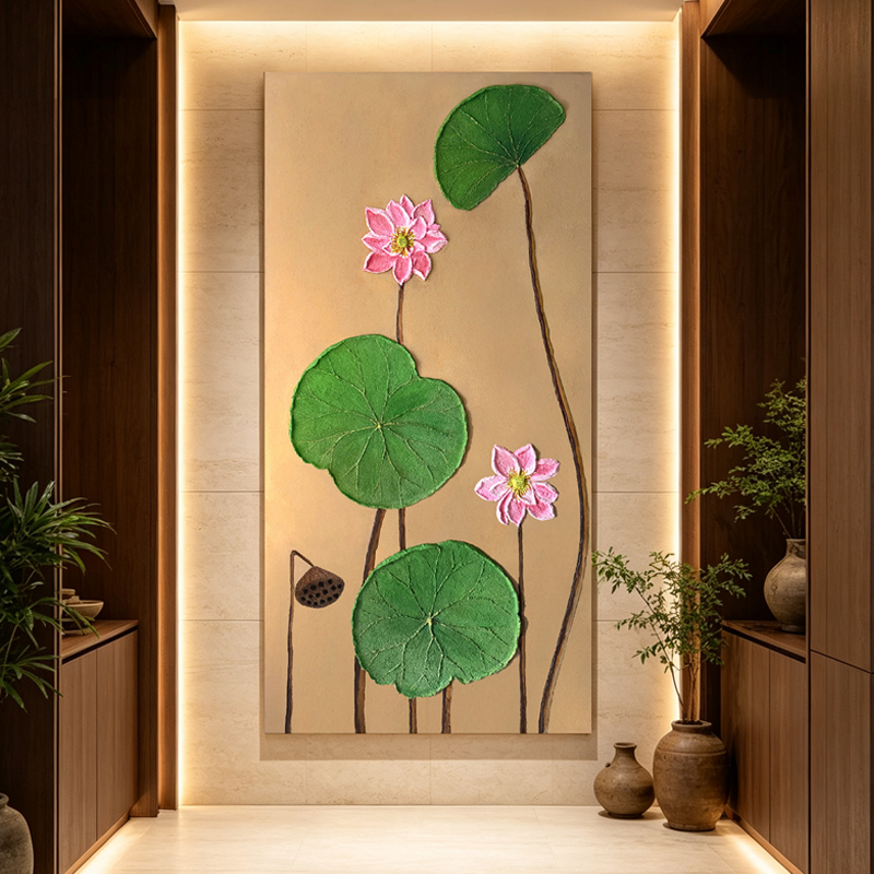 Hand-painted sandstone oil painting, with green leaves and lotus flowers in Southeast Asian style as the subject details Picture