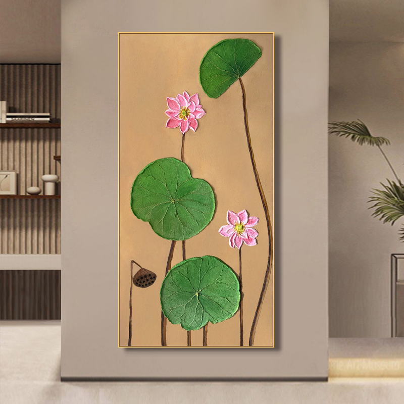 Hand-painted sandstone oil painting, with green leaves and lotus flowers in Southeast Asian style as the subject Item Picture