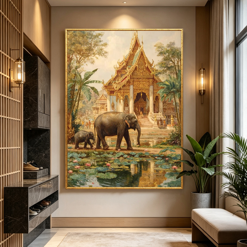 Southeast Asian-style elephant entrance decorative paintings, Thai-style hotel murals, and Thai-style natural landscape wall paintings details Picture