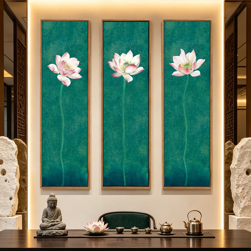 Lotus decorative paintings painted in a retro style in the living rooms of Southeast Asian gyms, hotels or tea houses details Picture
