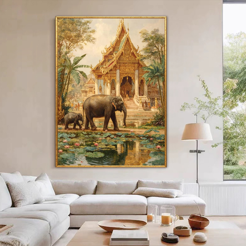 Southeast Asian-style elephant entrance decorative paintings, Thai-style hotel murals, and Thai-style natural landscape wall paintings Application Scenario