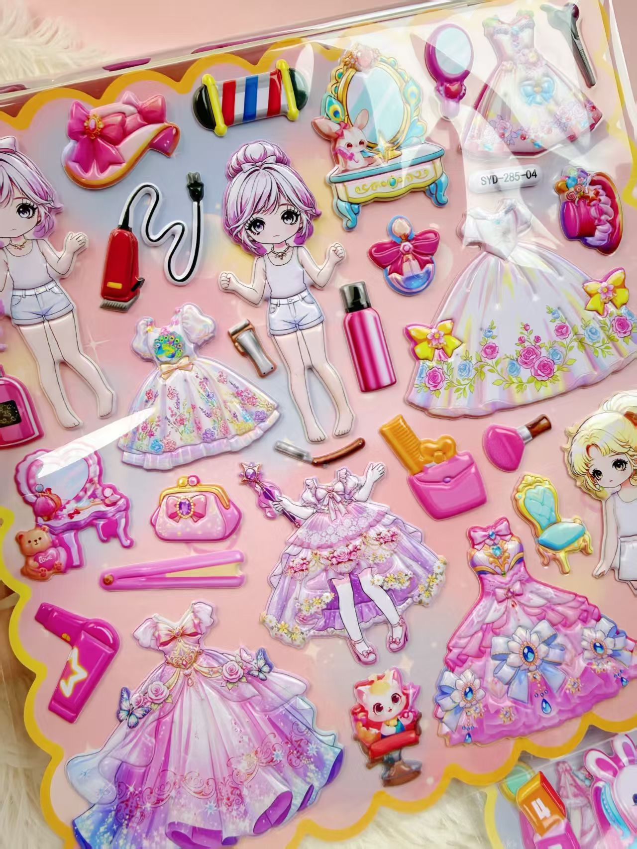 Double-layer princess dress-up stickers, children's 3D stereoscopic luggage dress-up bubble foam diy dress-up stickers Item Picture