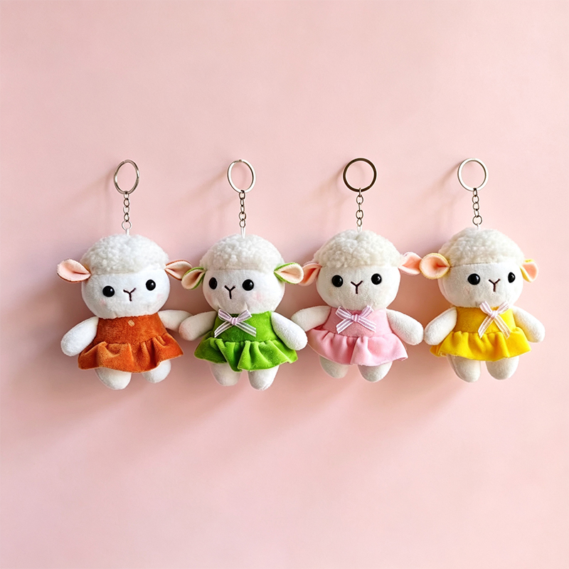 Cute standing little sheep pendants, plush toys, keychains, bags, decorative dolls, export batch products, four white little sheep dolls in colorful skirts, keychains, Mother's Day gifts, keychains, accessories, fashionable and cute