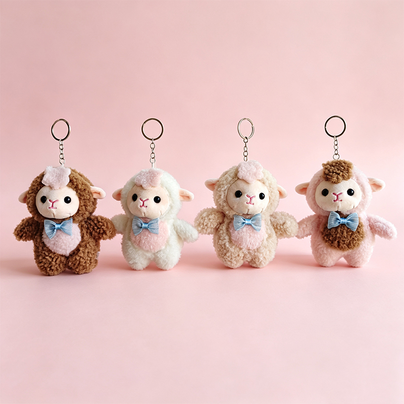 Cute standing little sheep pendant, simulated plush toy keychain bag, decorative small doll, cultural and creative souvenir, cute plush sheep keychain, Mother's Day gift, pink background, multi-color spliced metal ring decoration