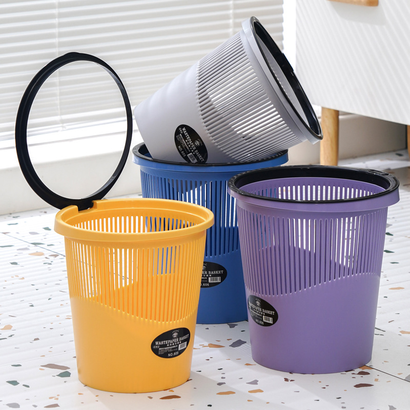 X133-605 Simple plastic household trash can, colorful hollowed-out bedroom and kitchen wastebasket, indoor uncovered pressure ring sanitary bucket
