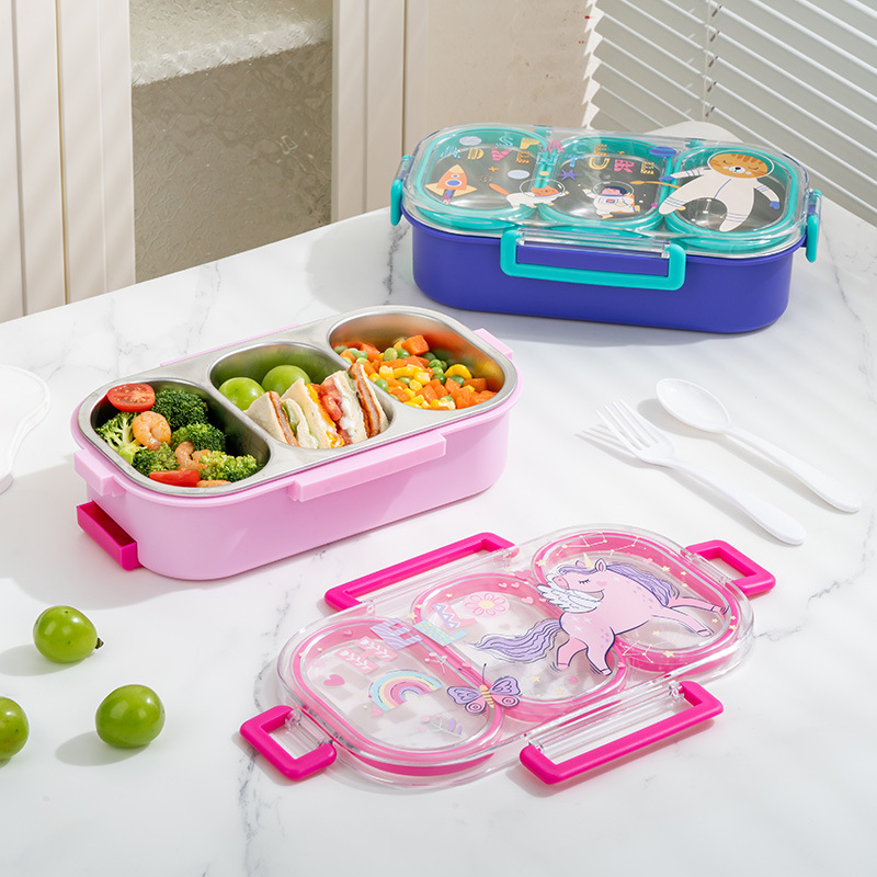 Colorful cartoon lunch box with three-compartment stainless steel inner liner, portable school lunch box for children Specification image