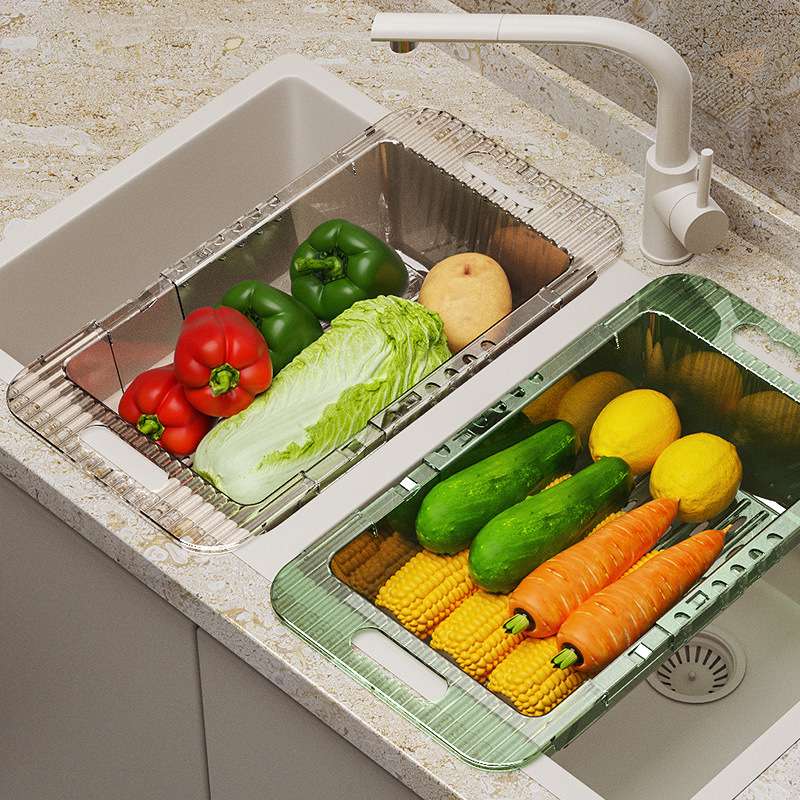 N22-N7792 vegetable washing and draining rack, transparent fruit and vegetable storage basket, kitchen sink water filter and storage rack, plastic basin Specification image