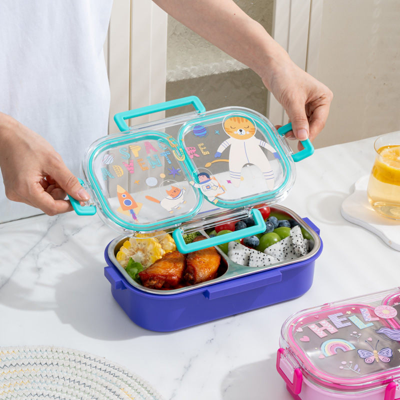 Colorful cartoon lunch box with three-compartment stainless steel inner liner, portable school lunch box for children Application Scenario