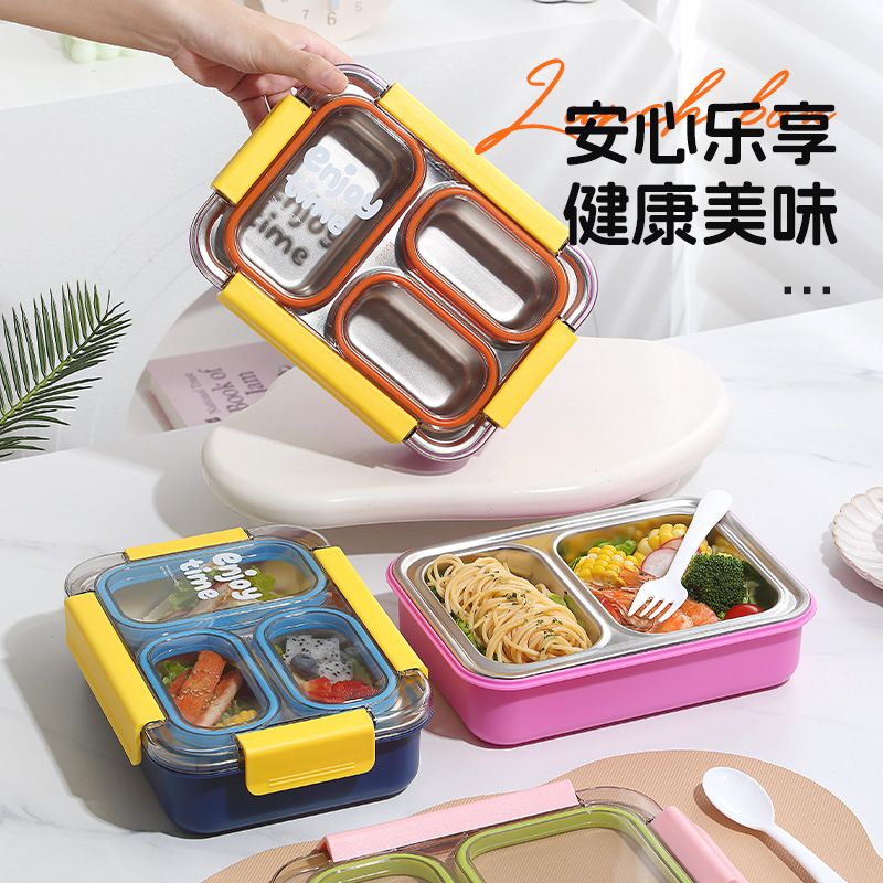 多彩卡通餐盒三格独立分区不锈钢内胆儿童外出便携饭盒详情3