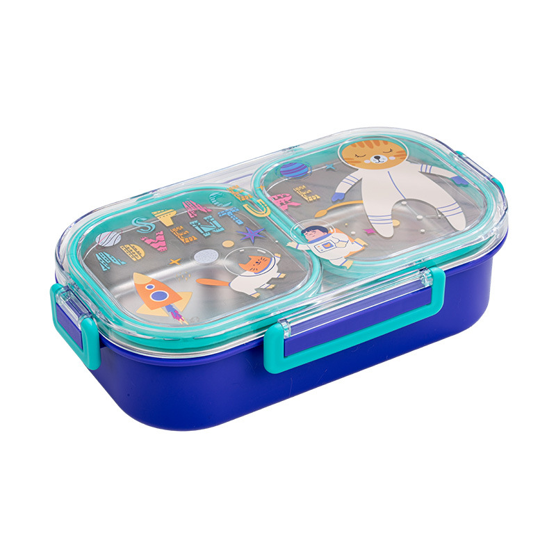 Colorful cartoon lunch box with three-compartment stainless steel inner liner, portable school lunch box for children