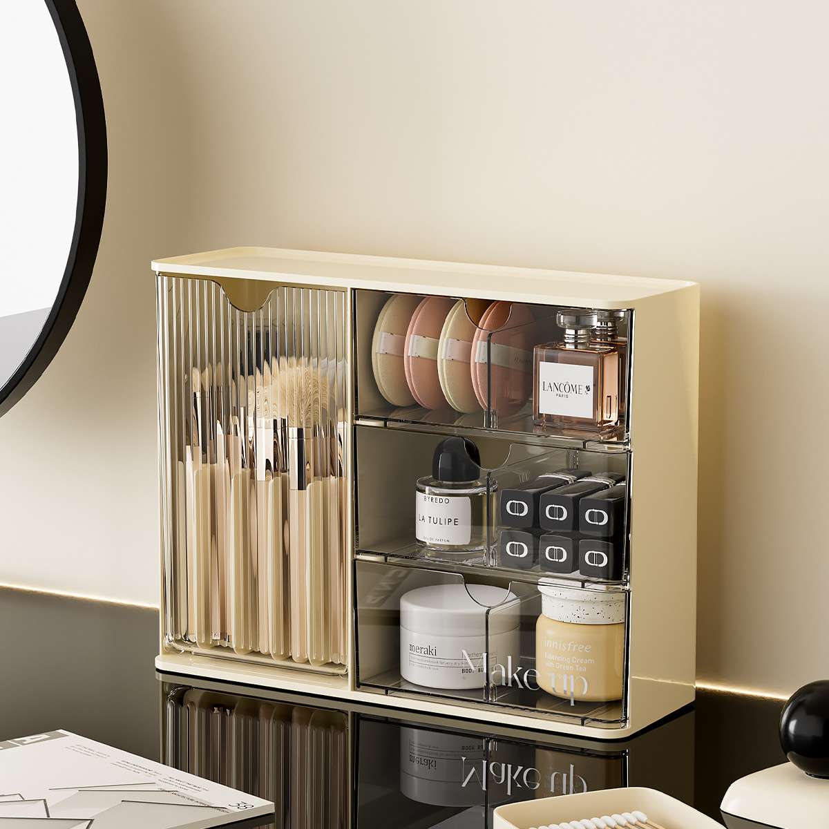 J192-JLG2504101 Cosmetics Storage Box, Grooming Desk Organizing Box, Lipstick and Perfume Compartment Box Application Scenario