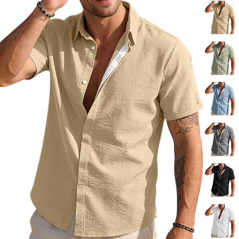 2026 Cross-border Amazon Summer Men's new solid-color waffle lapel shirts, casual short-sleeved shorts, suit shirts, men's shirts, flannel solid-color shirts, men's long-sleeved casual shirts, men's short-sleeved Korean version