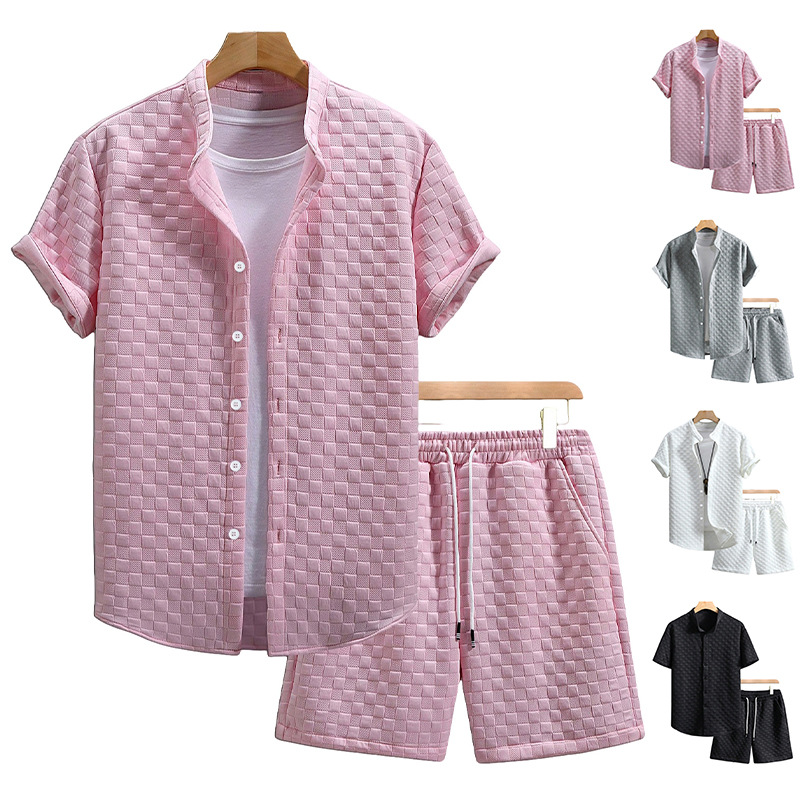 2026 Cross-border Amazon Summer Men's New solid color Waffle lapel shirt Casual short-sleeved shorts Set