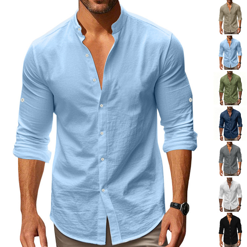 2026 Amazon American cross-border Men's Hawaiian style cotton and linen stand-up collar breathable Henry collar Casual long-sleeved shirt