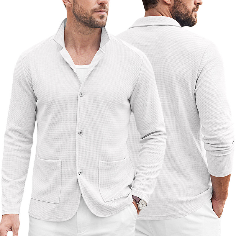 2026 Amazon Cross-border Men's Wear Waffle check small suit collar cardigan single-breasted double-pocket business casual long-sleeved jacket shirt, men's shirt, flannel solid color shirt, men's long-sleeved casual Item Picture