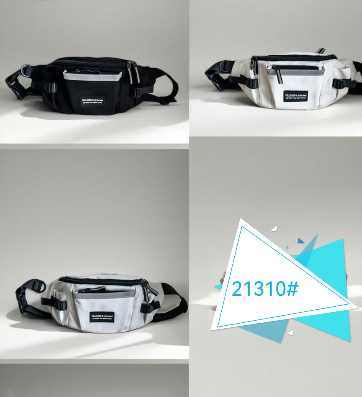 The multi-color spliced casual waist bag in beige, black and gray is a simple, fashionable and multi-functional sports bag suitable for both men and women Item Picture