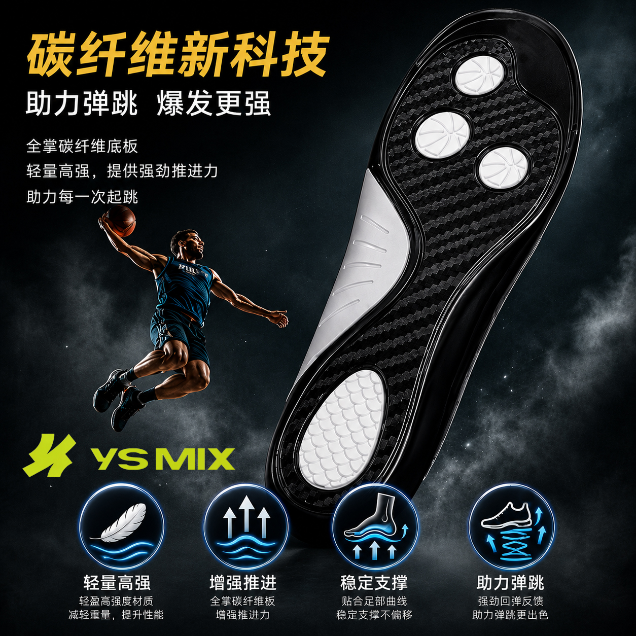 Carbon fiber basketball insoles, professional shock absorption, rebound, arch support, breathable and comfortable for both men and women details Picture