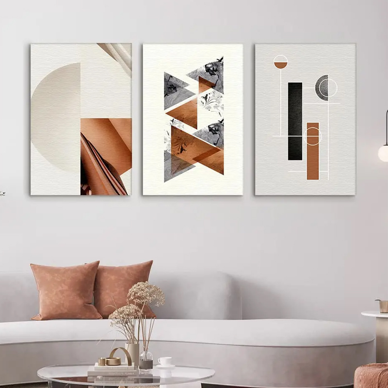 Nordic light luxury geometric abstract triplet decorative painting, orange and brown contrast color living room sofa background wall minimalist art hanging painting Application Scenario