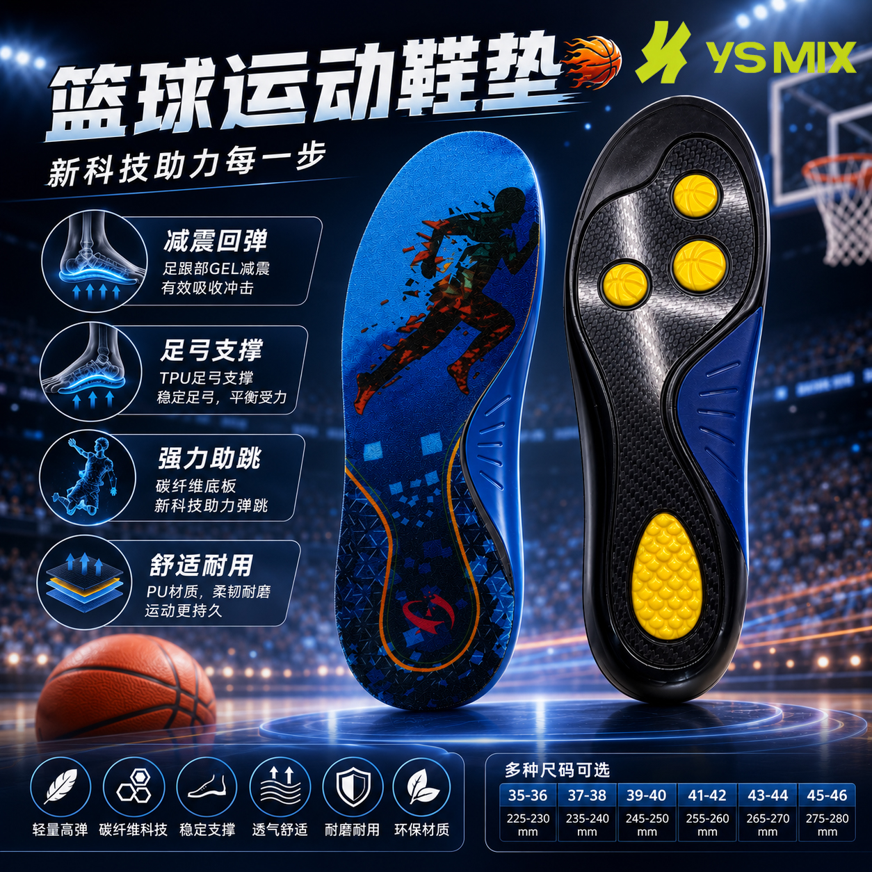 Carbon fiber basketball insoles, professional shock absorption, rebound, arch support, breathable and comfortable for both men and women