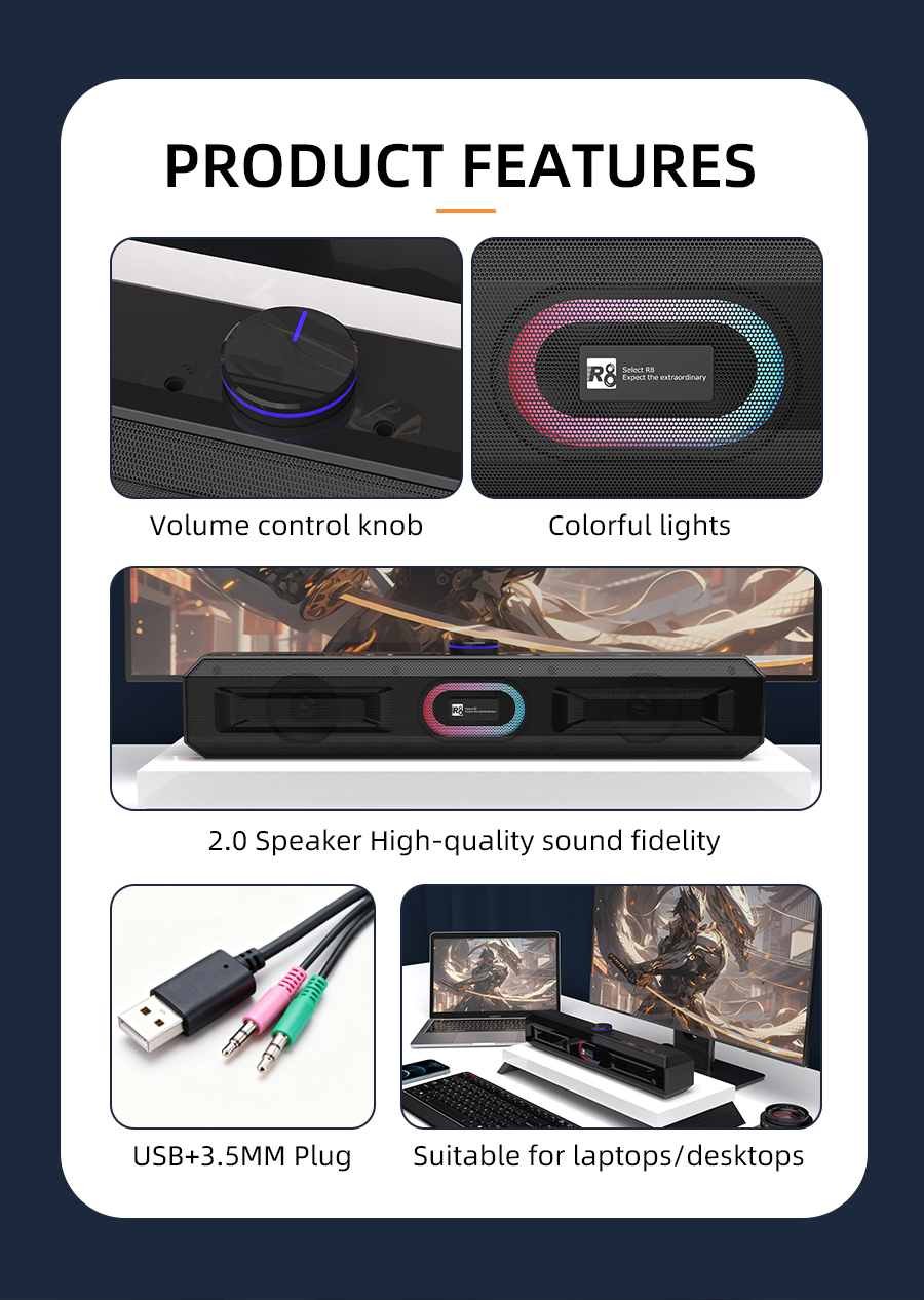 R8 black bar speaker, high-fidelity audio system, home theater, wired subwoofer, portable desktop speaker equipment pic 2