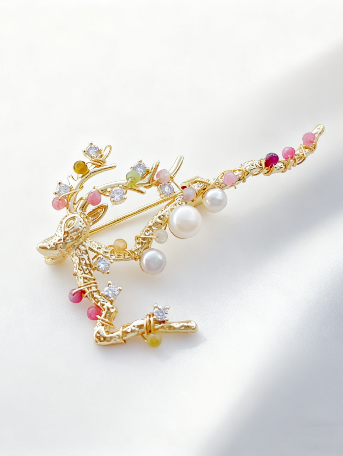 Golden deer-shaped brooch set with pearls, colored gemstones, vintage accessory, trouser hem adjustable pin, quality brooch