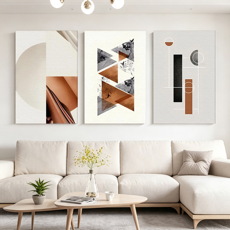 Nordic light luxury geometric abstract triplet decorative painting, orange and brown contrast color living room sofa background wall minimalist art hanging painting Specification image