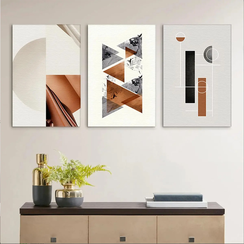 Nordic light luxury geometric abstract triplet decorative painting, orange and brown contrast color living room sofa background wall minimalist art hanging painting Item Picture