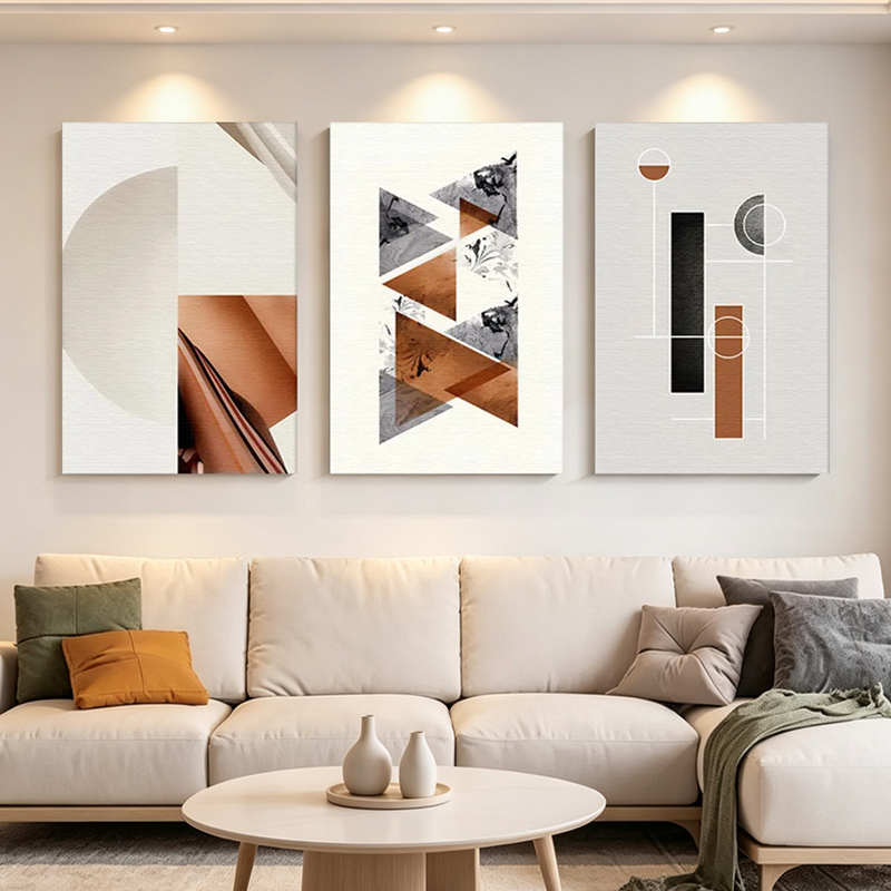 Nordic light luxury geometric abstract triplet decorative painting, orange and brown contrast color living room sofa background wall minimalist art hanging painting details Picture
