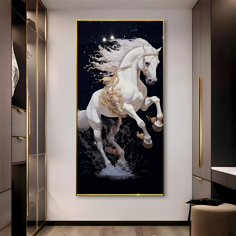 现代艺术白马踏水挂画 黑金轻奢骏马竖版走廊晶瓷装饰画