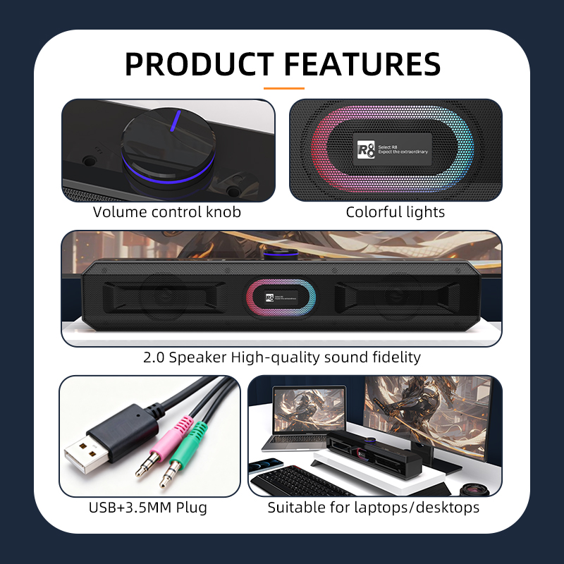 R8 black bar speaker, high-fidelity audio system, home theater, wired subwoofer, portable desktop speaker equipment details Picture