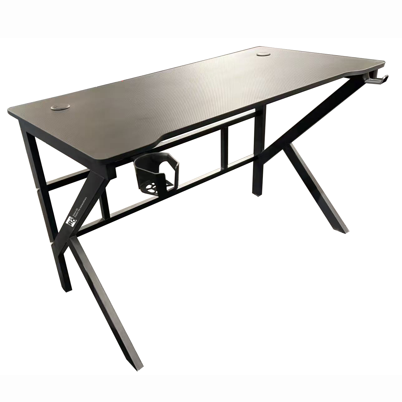 The R8 carbon fiber gaming table features a desktop with a water cup, a headphone stand that can be raised and lowered, and RGB lights. It is a high-quality gaming table Specification image